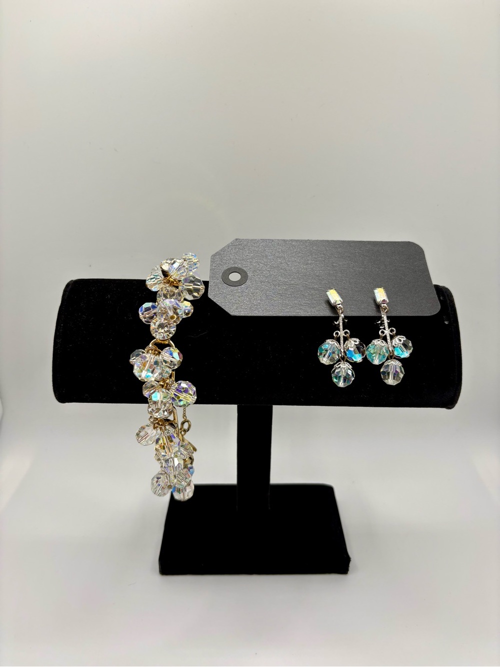 Vintage 1955 AB Crystal Cluster Bracelet & Signed Earrings Set